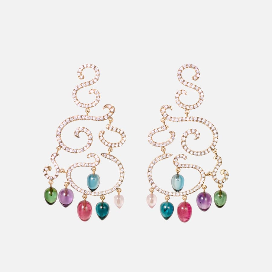 Love Bands-Ohrringe in Gelbgold mit Londoner Blautopas, Rosenquarz, kirschroten Turmalinen, Amethysten, blaugrünen Turmalinen und Diamanten | Ole Lynggaard
