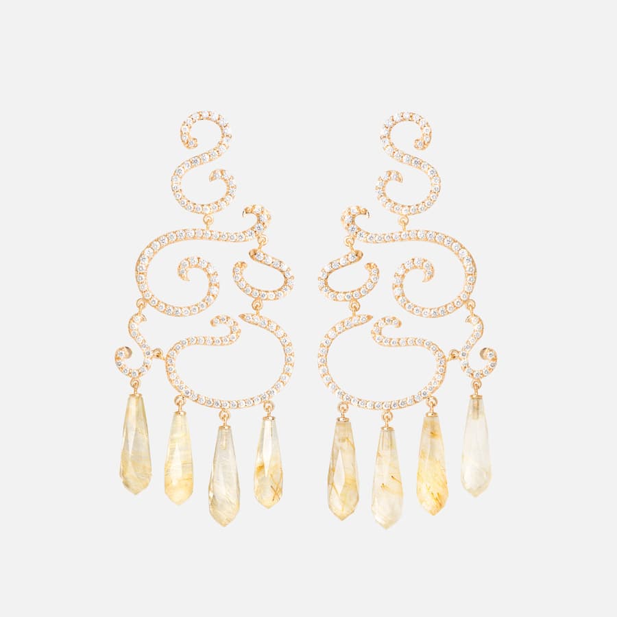 Love Bands Chandelier Earrings in Gold with Diamonds & Rutile Quartz  |  Ole Lynggaard Copenhagen 
