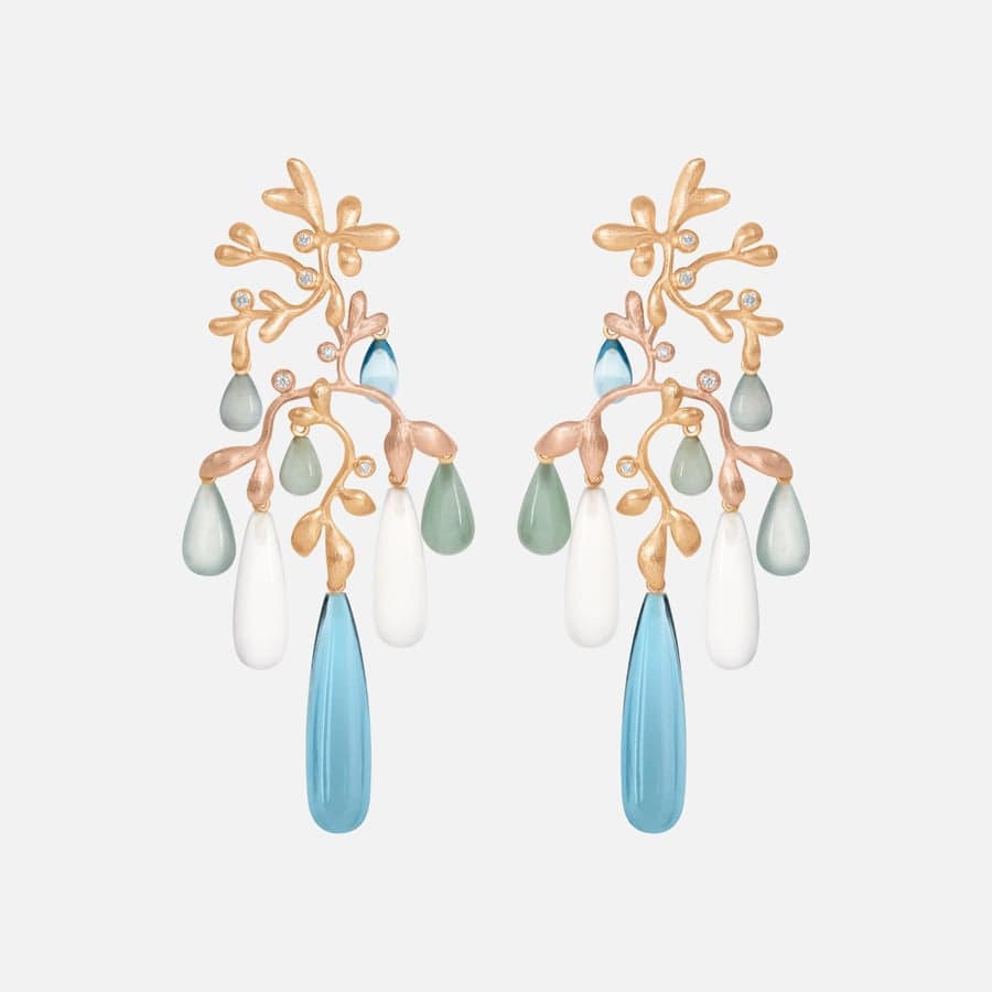 Gipsy earrings 18k gold, rose gold, cabochon-cut drops of white quartz, aquamarine, London blue topaz, and diamonds 0.21 ct. TW. VS.