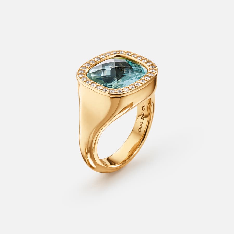 Cushion Ring in 18 Karat Yellow Gold, Diamonds & Aquamarine  |  Ole Lynggaard Copenhagen 