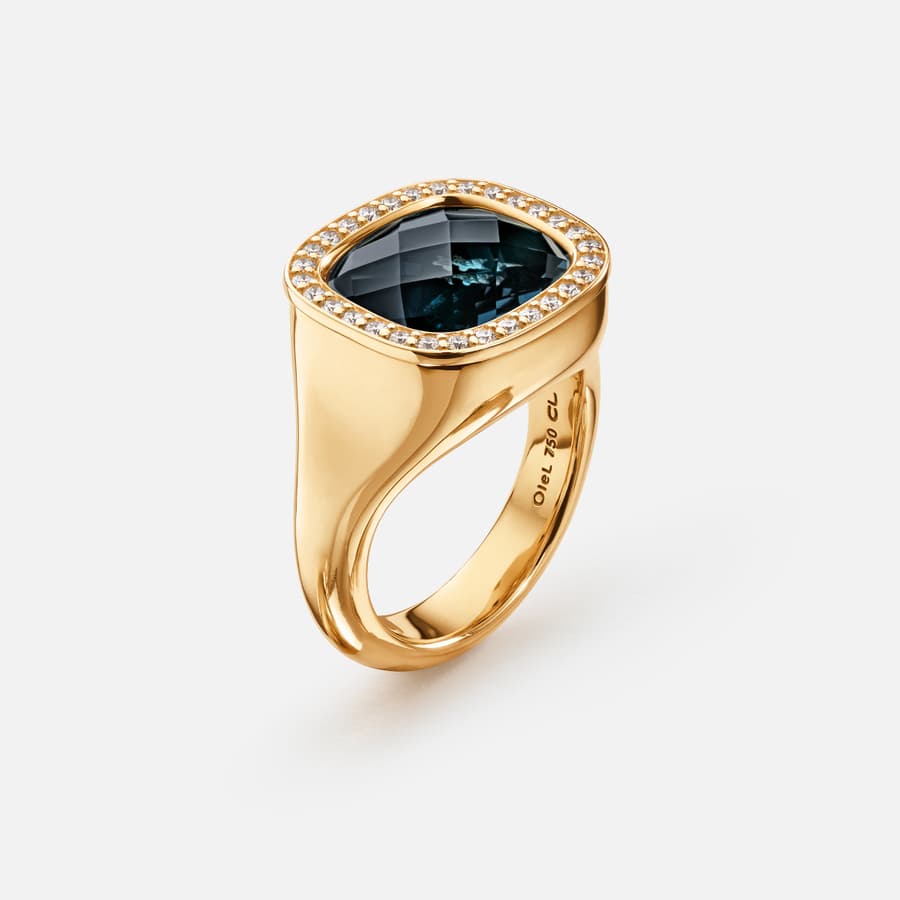 Cushion Ring in 18 Karat Yellow Gold, Diamonds & London Blue Topaz  |  Ole Lynggaard Copenhagen 