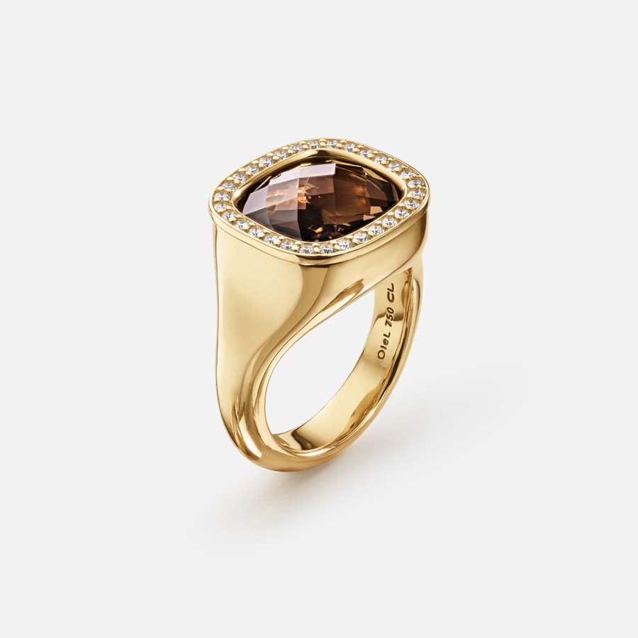 Cushion Ring in 18 Karat Yellow Gold, Diamonds & Smoky Quartz  |  Ole Lynggaard Copenhagen 