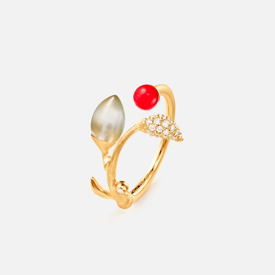 Blooming Ring in Gold with Diamonds, Red Coral, and Aquamarine  |  Ole Lynggaard Copenhagen  
