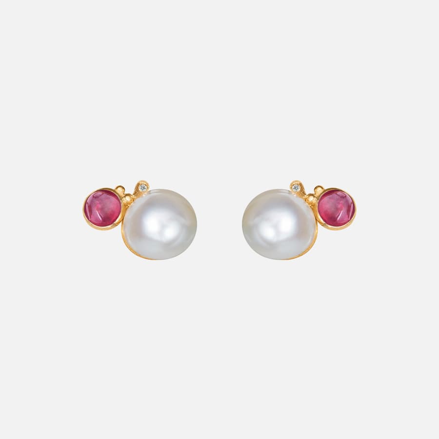 BoHo Pearl Stud Earrings in Gold with Cerise Tourmaline and Diamonds  |  Ole Lynggaard Copenhagen