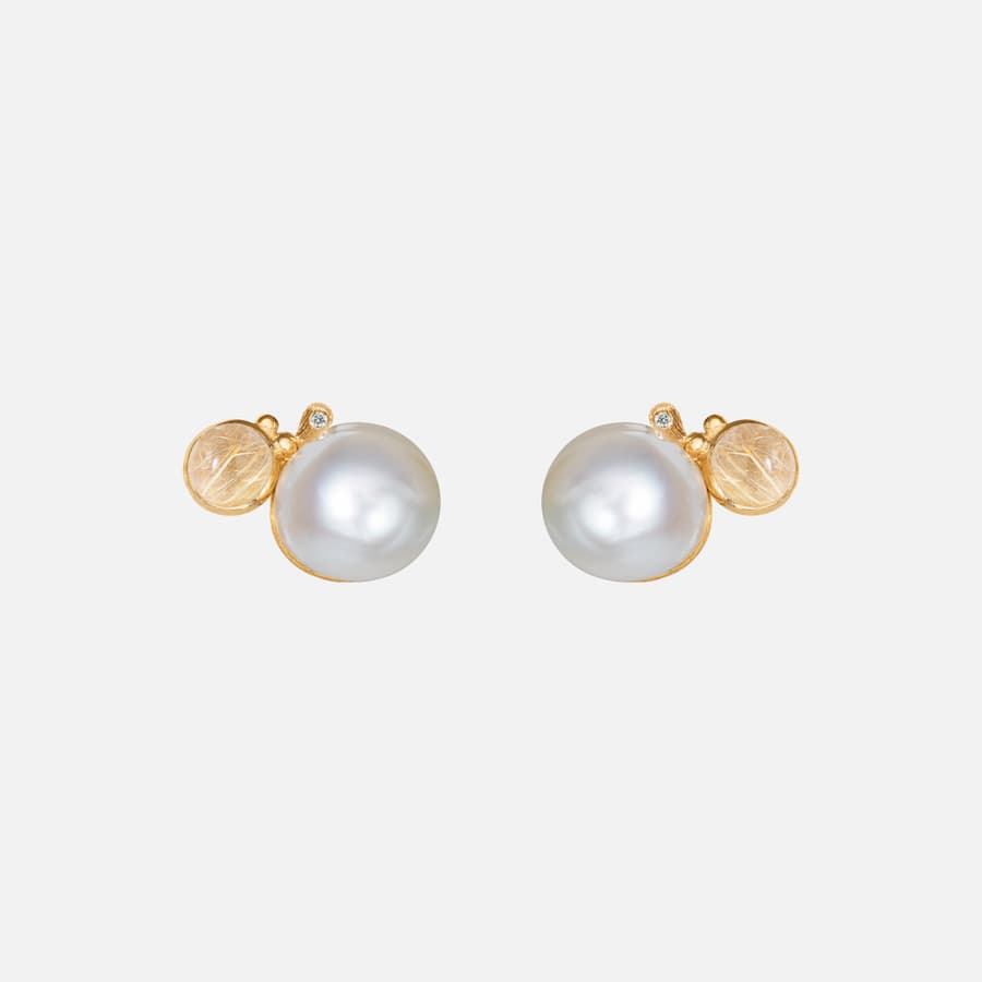 BoHo Pearl Stud Earrings in Gold with Rutile Quartz and Diamonds  |  Ole Lynggaard Copenhagen