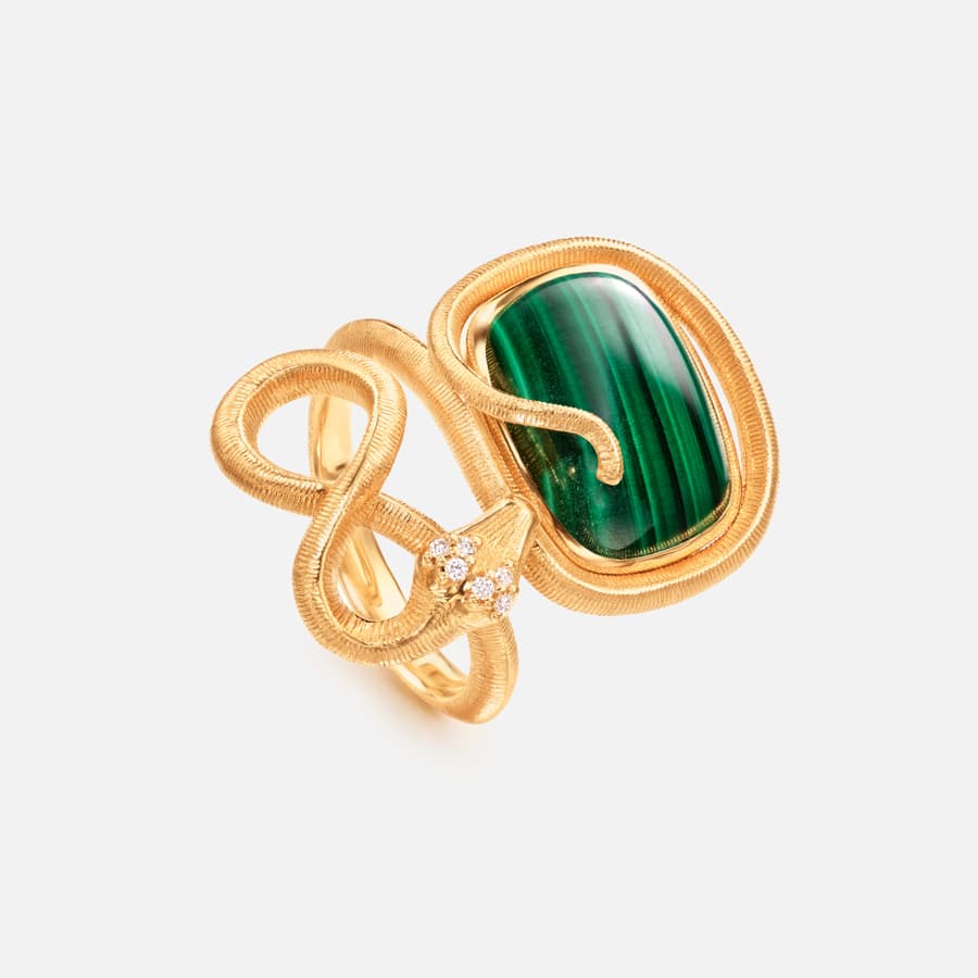 Snakes Ring in Gelbgold mit Malachit und Diamanten  |  Ole Lynggaard Copenhagen 