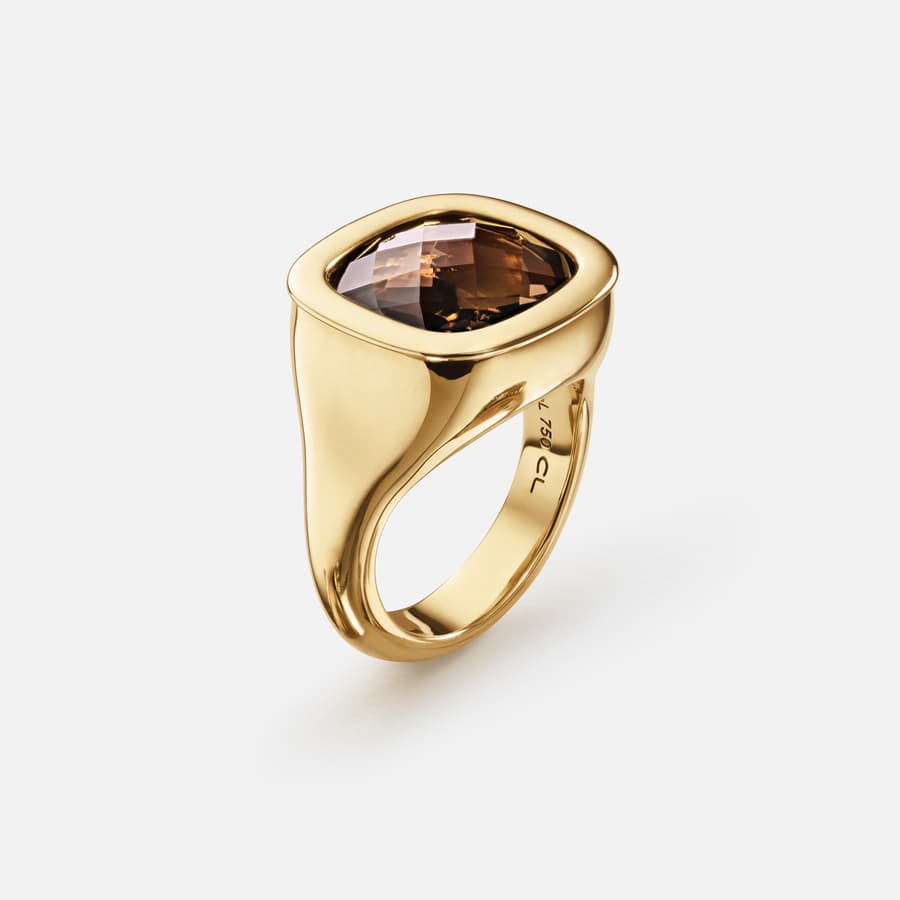 Cushion Ring in 18 Karat Yellow Gold with Smoky Quartz  |  Ole Lynggaard Copenhagen 