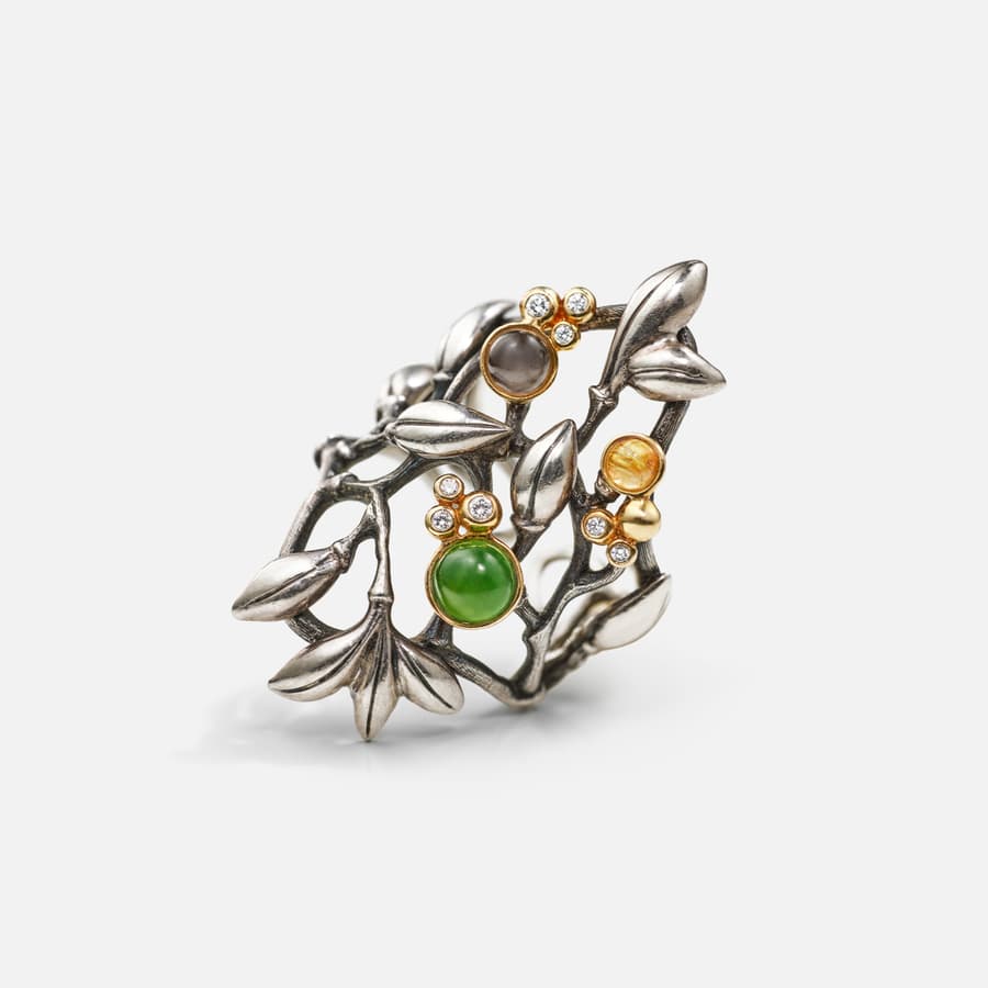 Forest Ring in Sterling Silver and Gold with Diamonds, Serpentine, Moonstone, & Rutile Quartz 