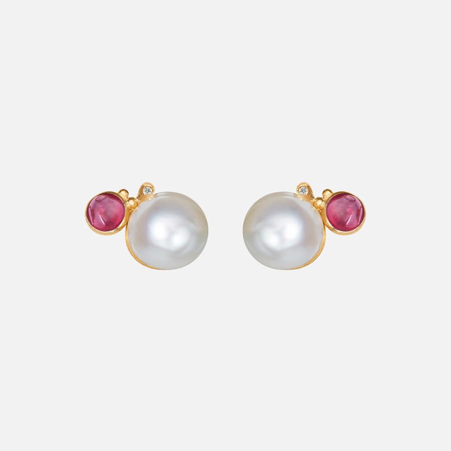 BoHo Pearl Stud Earrings in Gold with Cerise Tourmaline and Diamonds  |  Ole Lynggaard Copenhagen
