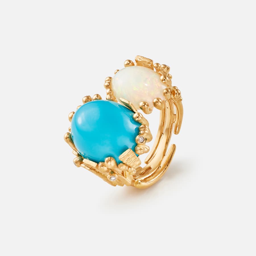 Bague BoHo Double en Or avec Turquoise, Opale Bleue et Diamants | Ole Lynggaard Copenhagen