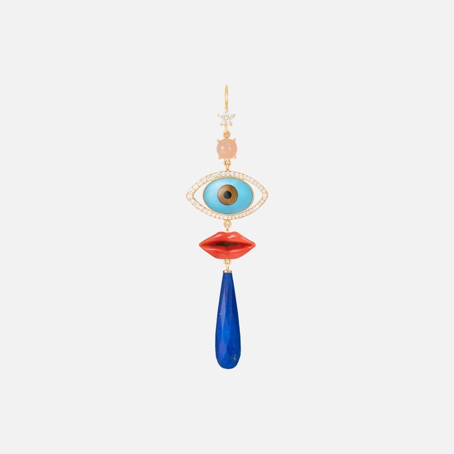 Shooting Stars Evil Eye Earring with Diamonds, Moonstone, Tiger's Eye, Lapis Lazuli, Onyx & Coral 