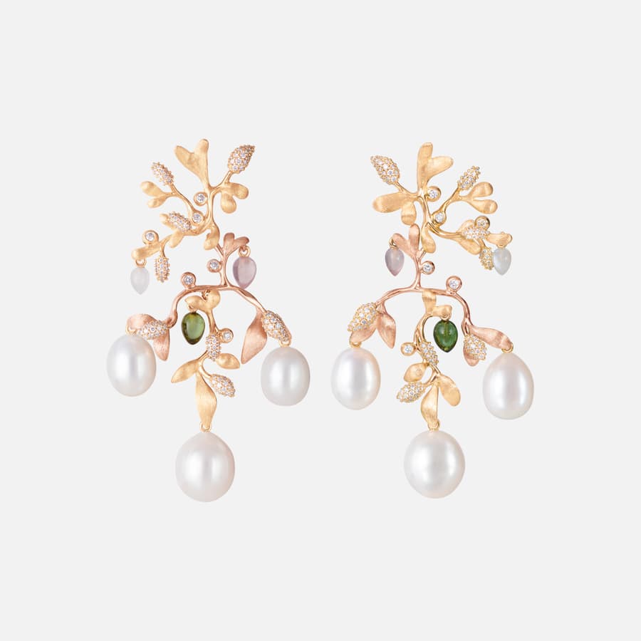 Gipsy Earrings in 18kt Gold w Diamonds, Pearls, Quartz & Tourmaline | Ole Lynggaard