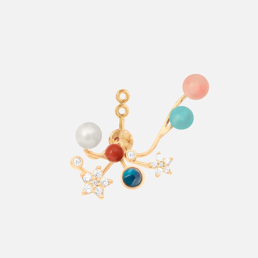 Shooting Stars earring pendant in yellow gold with rose coral, turquoise, white freshwater pearl, red coral, London blue topaz, and diamonds | Ole Lynggaard Copenhagen
