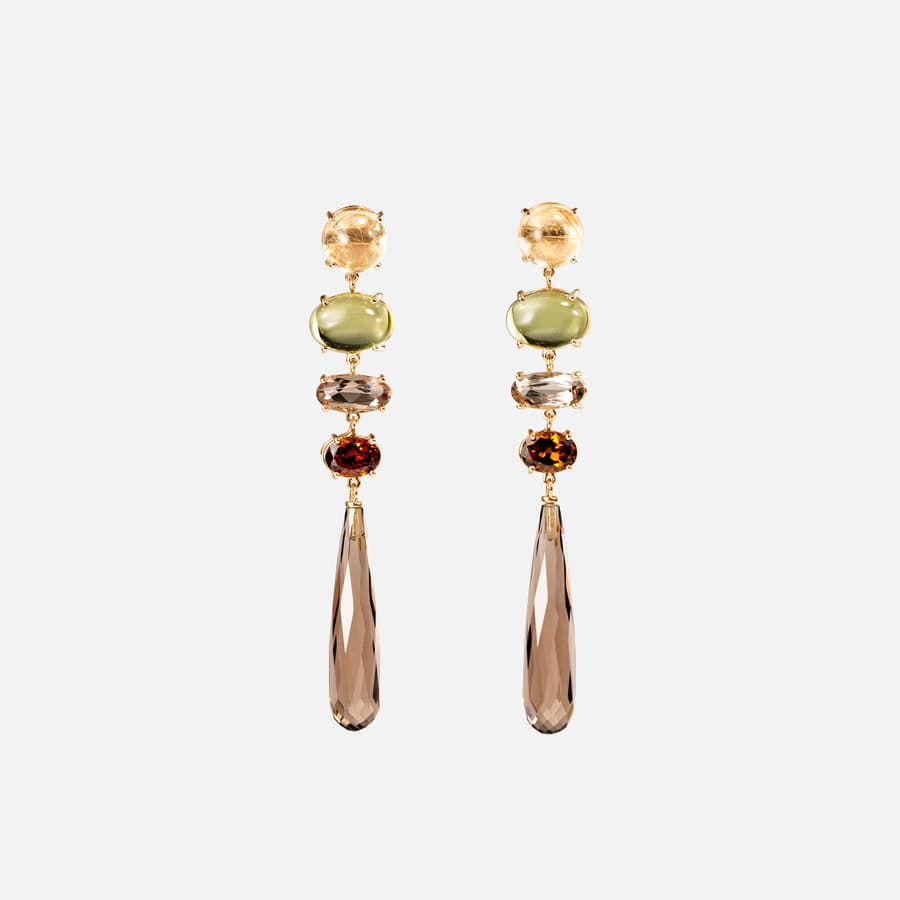 Lotus earrings in yellow gold, rutile quartz, green tourmalines, smoky quartz, and Mali garnet | Ole Lynggaard