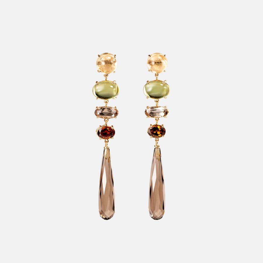 Lotus earrings in yellow gold, rutile quartz, green tourmalines, smoky quartz, and hessonite garnet | Ole Lynggaard