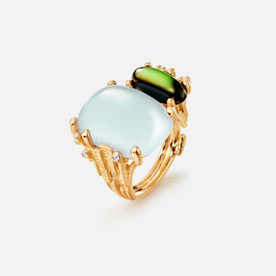 Bague double BoHo en or 18 carats avec , aigue-marine, tourmaline verte et diamants | Ole Lynggaard