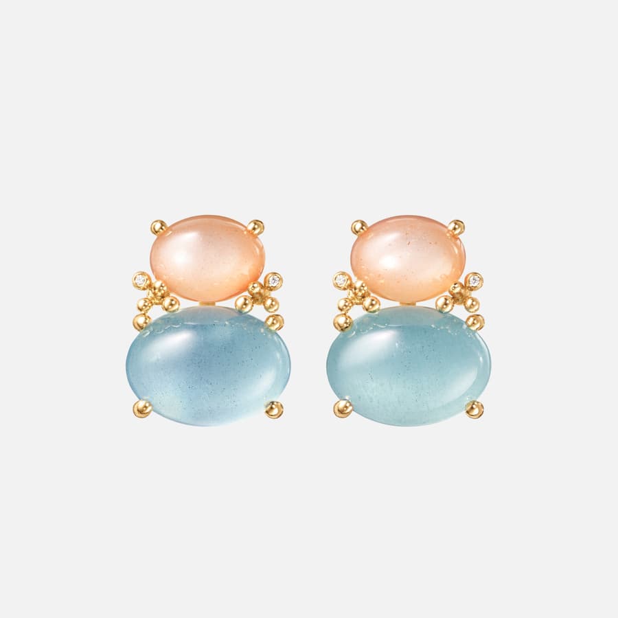 BoHo stud earrings in yellow gold with blush moonstones, aquamarines, and diamonds | Ole Lynggaard