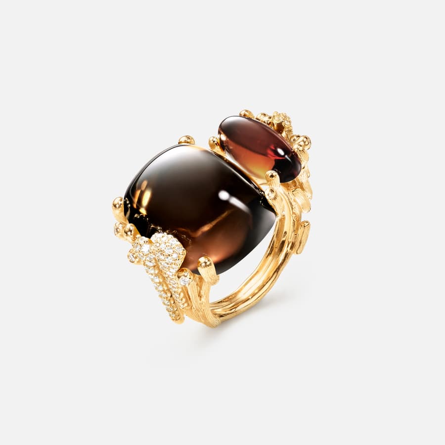 BoHo ring double pavé in yellow gold with smoky quartz, yellow tourmaline, and brilliant-cut diamonds | Ole Lynggaard