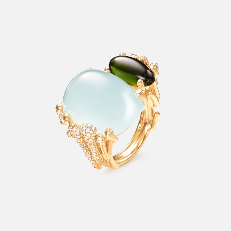 BoHo-Doppelring aus 750/- Gelbgold mit Aquamarin, grünem Turmalin und Diamant-Pavé | Ole Lynggaard