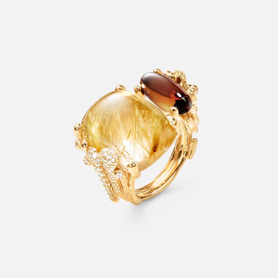 BoHo ring double pavé in 18 karat yellow gold, rutile quartz, yellow tourmaline, and diamonds | Ole Lynggaard