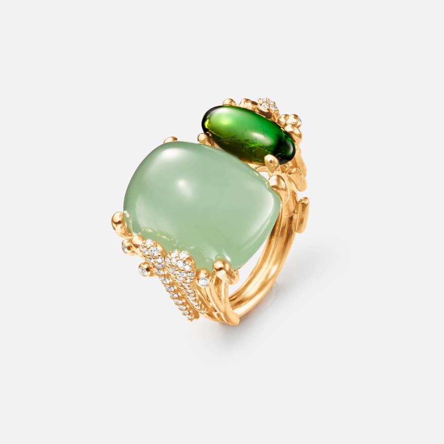 Dobbelt BoHo-ring i 18 karat guld med akvamarin, grøn turmalin og diamanter i pavé | Ole Lynggaard 