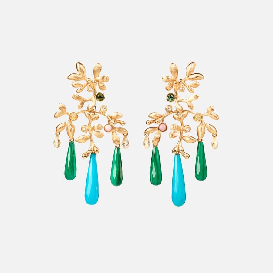 Gipsy earrings medium in yellow gold with rutile quartz, malachite, turquoise, pink coral, green tourmaline, and brilliant-cut diamonds | Ole Lynggaard
