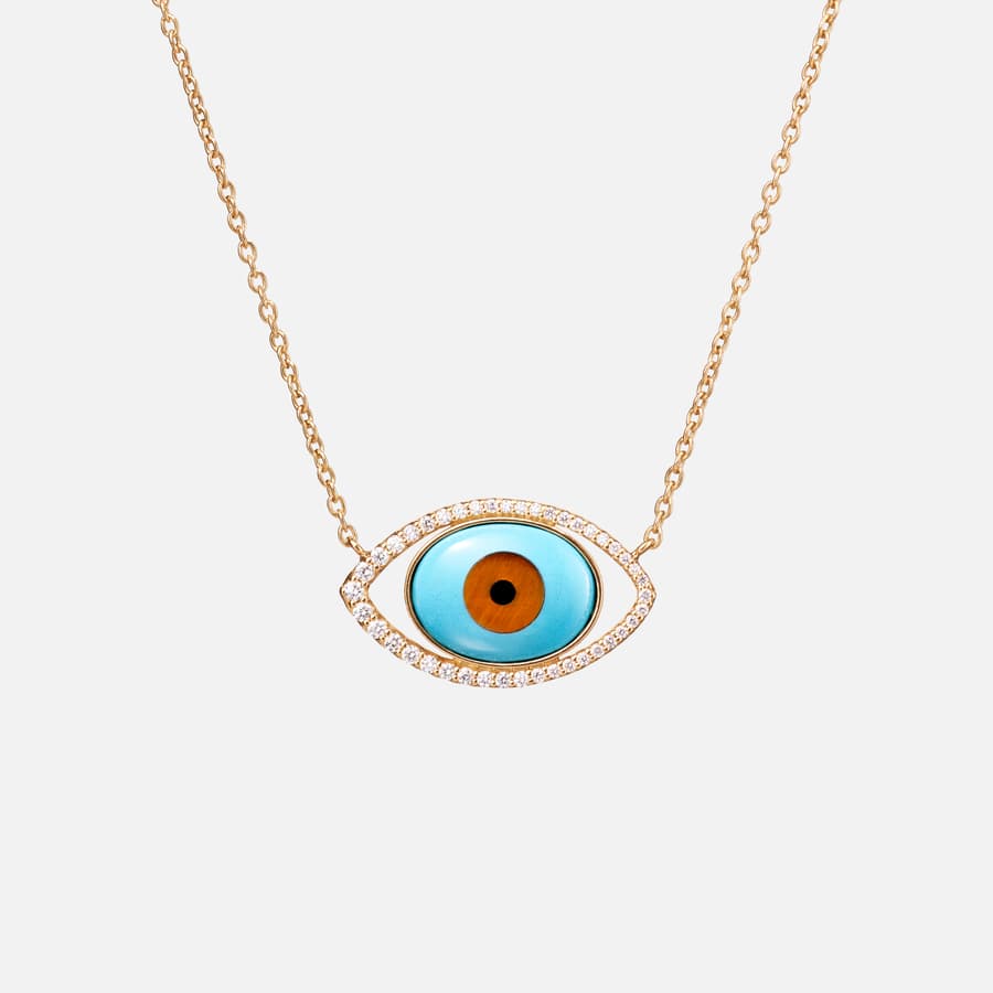 Collier Evil Eye, 45 cm, en or jaune, turquoise, quartz oeil de tigre et onyx et diamants | Ole Lynggaard