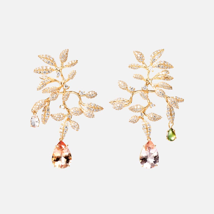 Gipsy earrings medium pavé in yellow gold with morganite, green tourmaline, and brilliant-cut diamonds | Ole Lynggaard