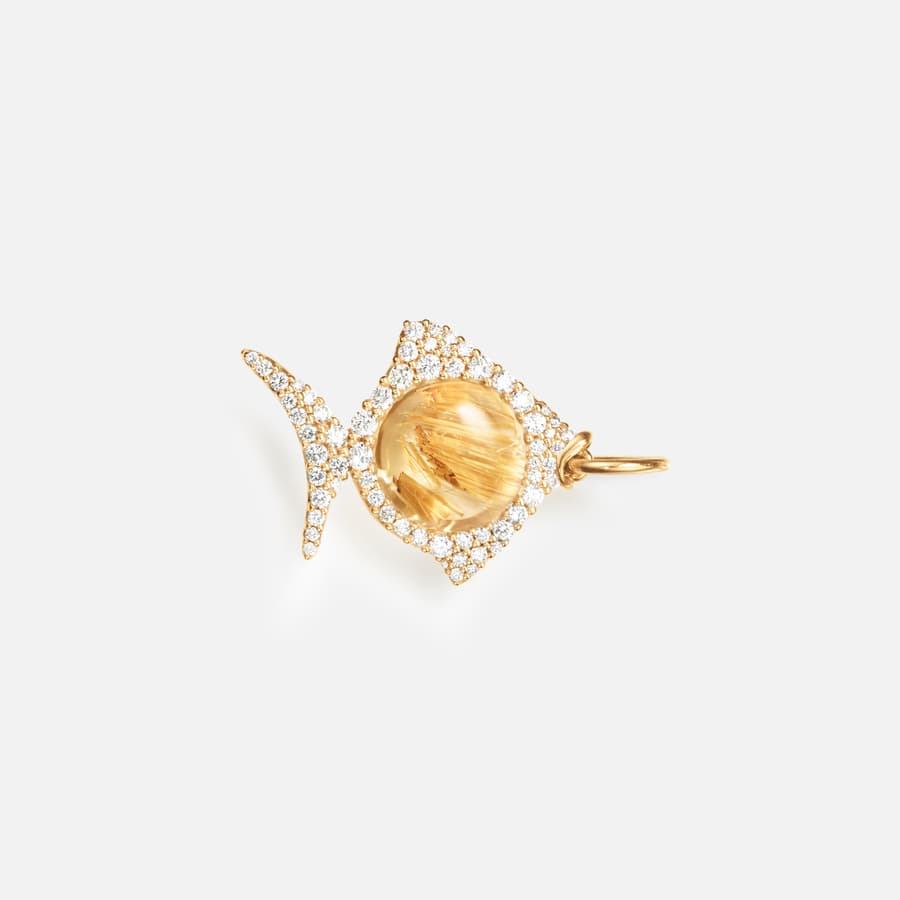 Young Fish pendant in 18 karat yellow gold with rutile quartz and pavé diamonds | Ole Lynggaard