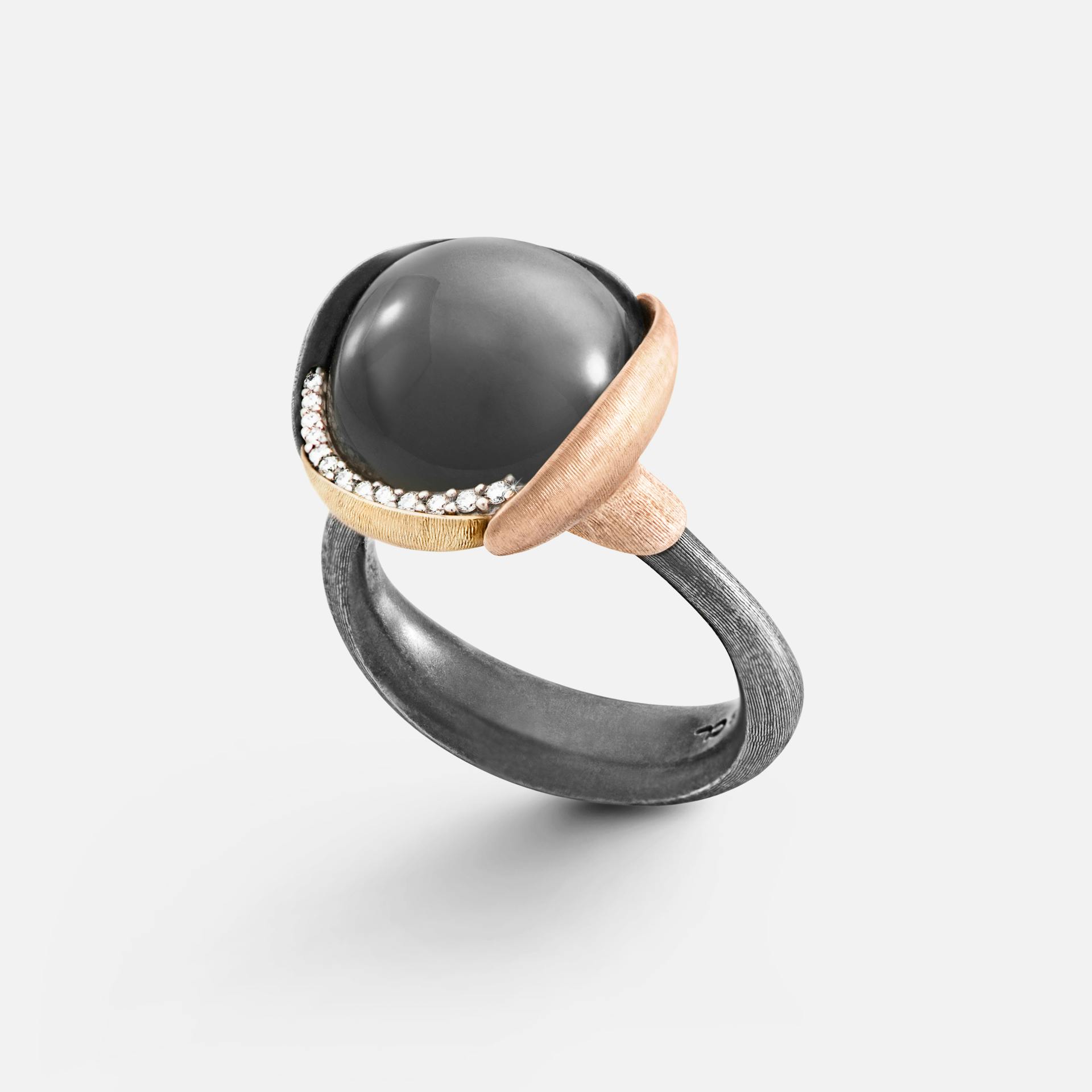 Ole Lynggaard Copenhagen Lotus Ring in Gold & Sterling Silver with Diamonds & Grey Moonstone