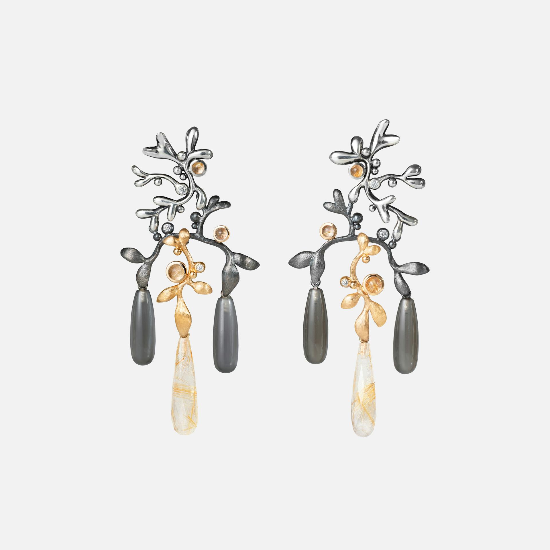 Gipsy Earrings in 18kt Gold & Silver w Diamonds, Rutile & Moonstone | Ole Lynggaard Copenhagen