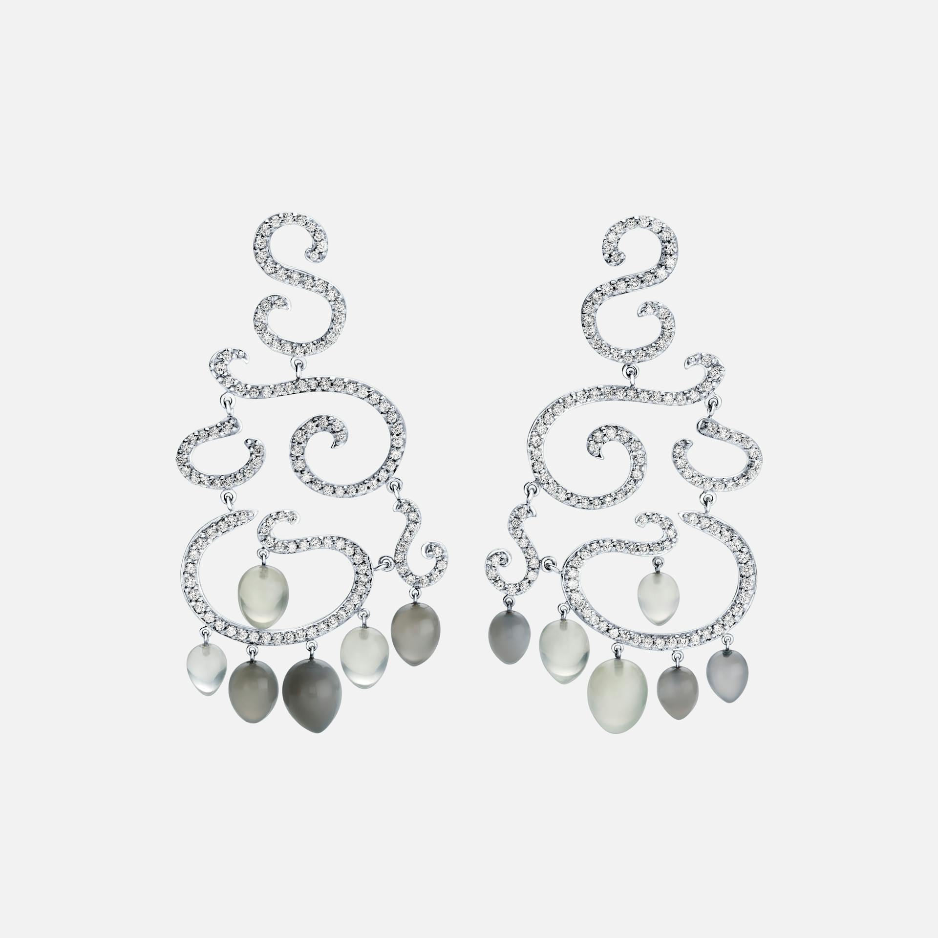 Chandelier Earrings in White Gold with Diamonds & Moonstone Drops  |  Ole Lynggaard Copenhagen 