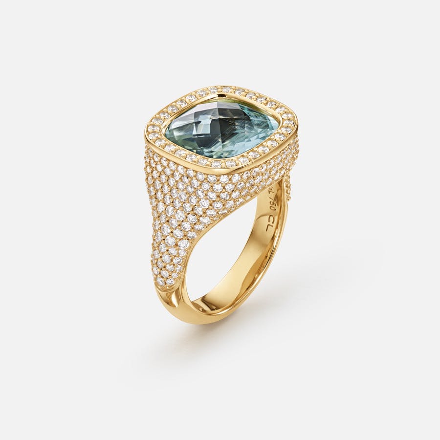 Cushion ring in 750/- Gelbgold, Diamanten & Aquamarin  |  Ole Lynggaard Copenhagen 