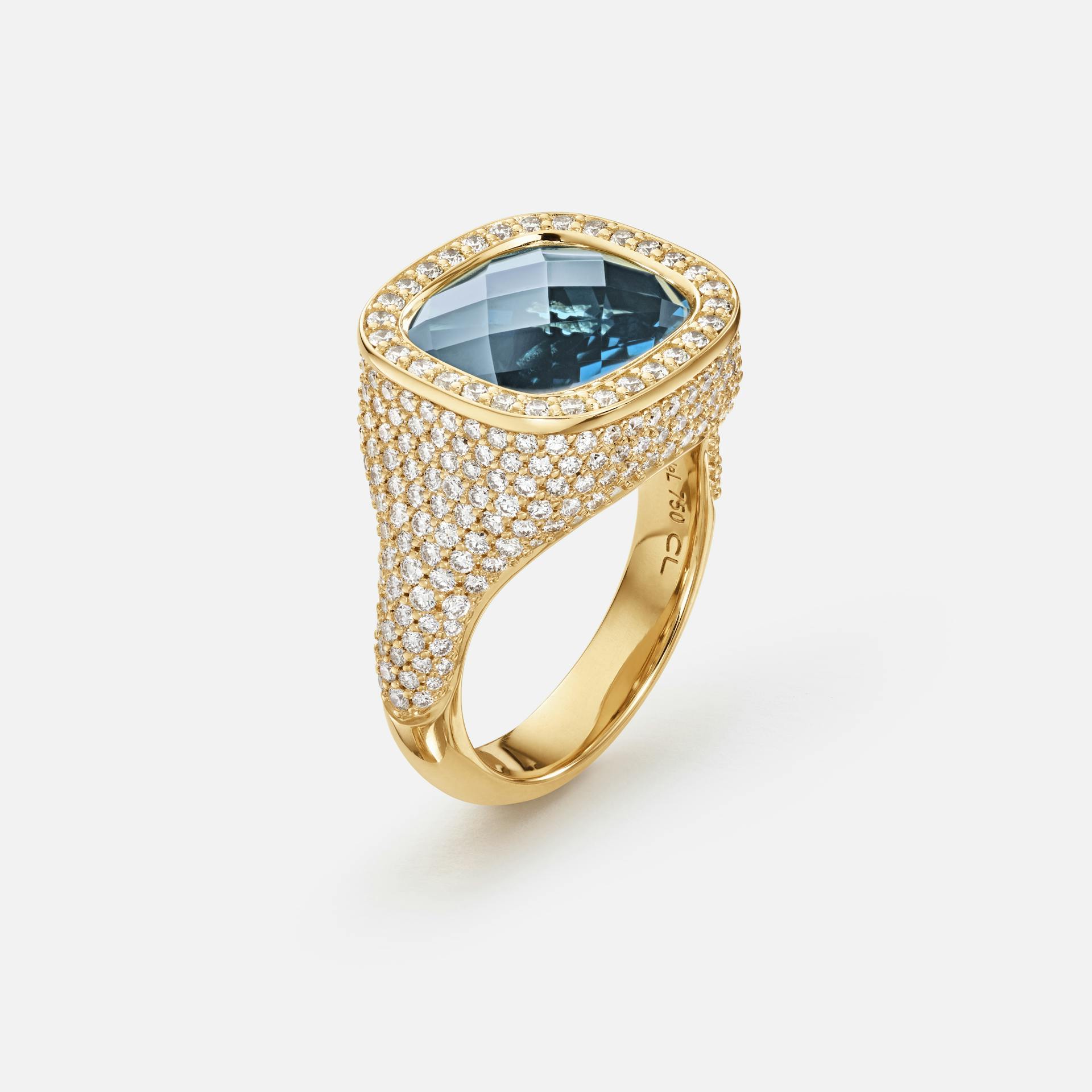 Cushion Ring in 18 Karat Yellow Gold, Diamonds & London Blue Topaz  |  Ole Lynggaard Copenhagen 