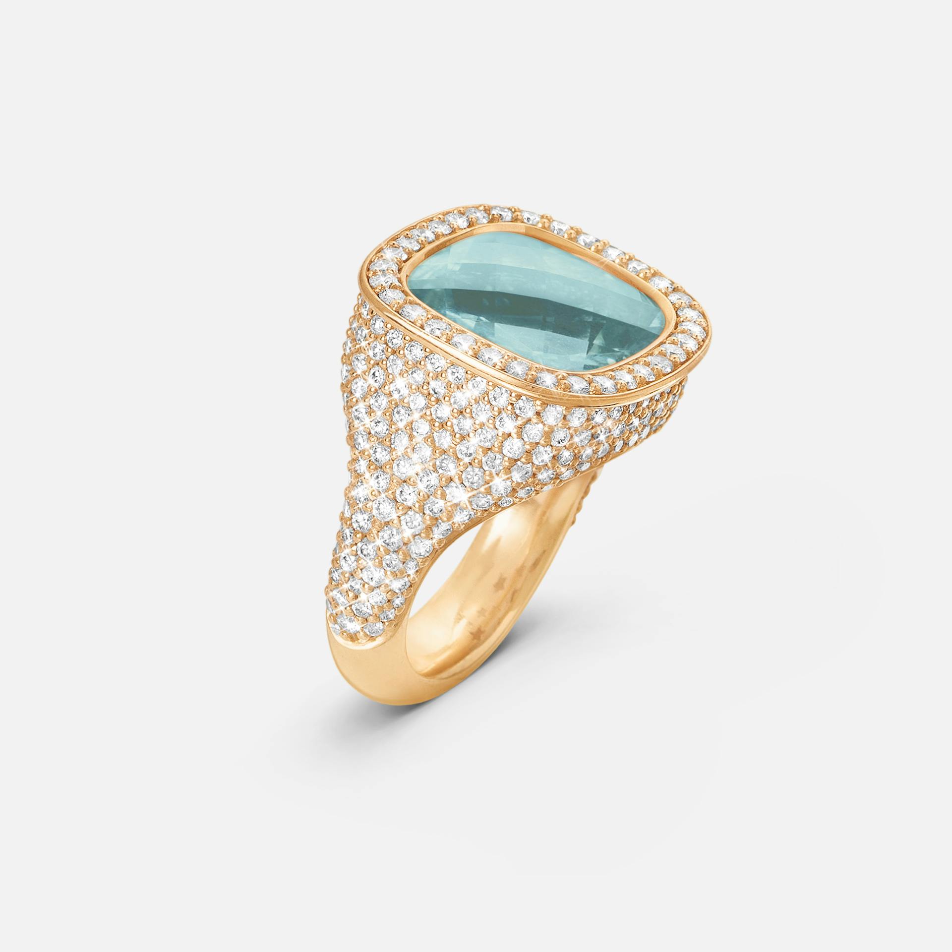 Cushion Ring in 18 Karat Yellow Gold, Diamonds & Aquamarine  |  Ole Lynggaard Copenhagen 