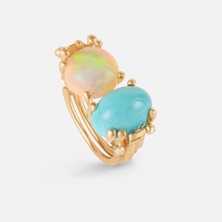 BoHo Ring Double in Gold with Turquoise, Opal, and Diamonds | Ole Lynggaard Copenhagen
