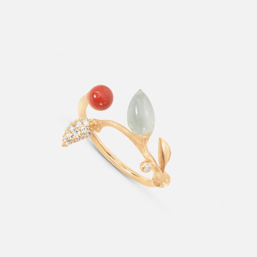Blooming Ring in Gold with Diamonds, Red Coral, and Aquamarine  |  Ole Lynggaard Copenhagen  