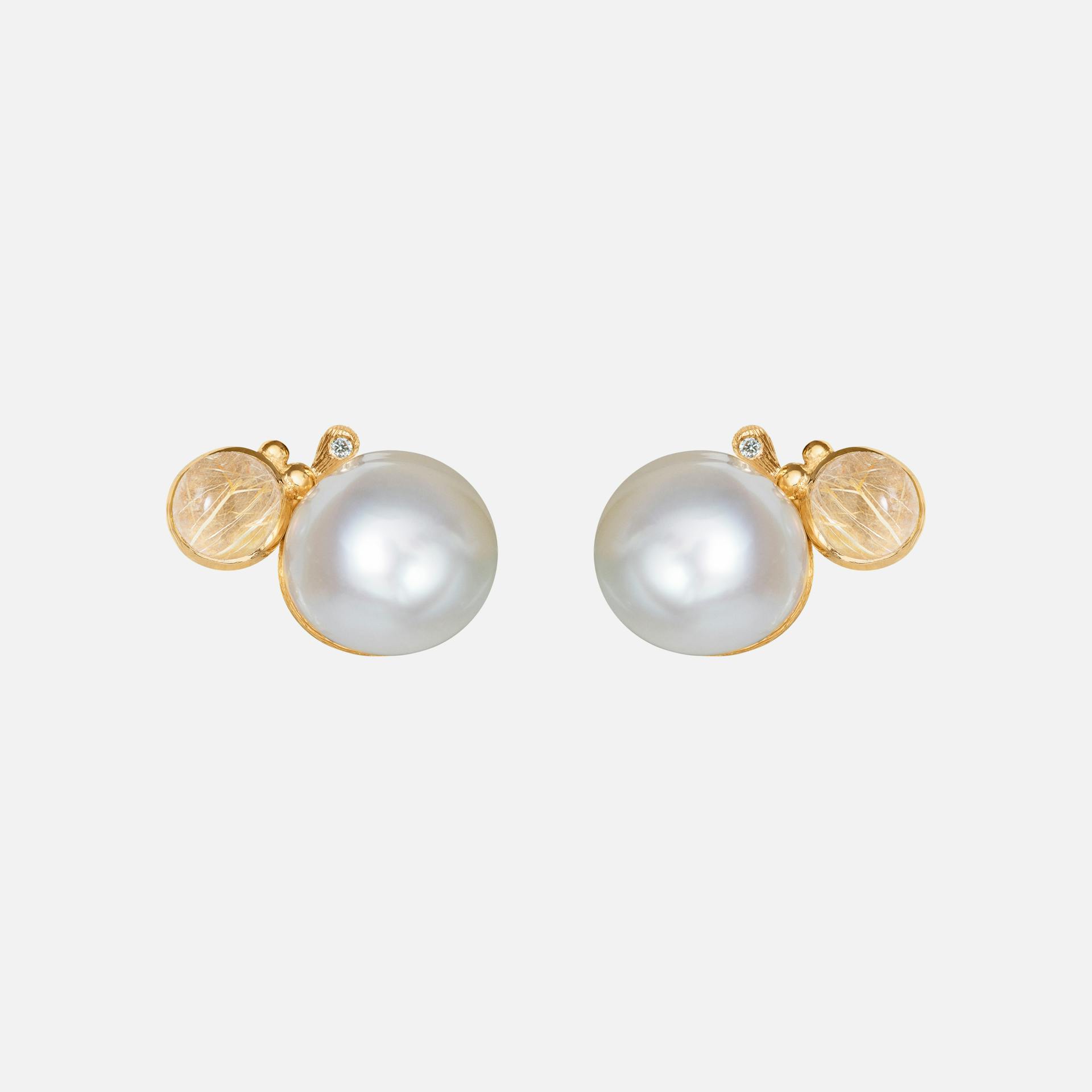 BoHo Pearl Stud Earrings in Gold with Rutile Quartz and Diamonds  |  Ole Lynggaard Copenhagen