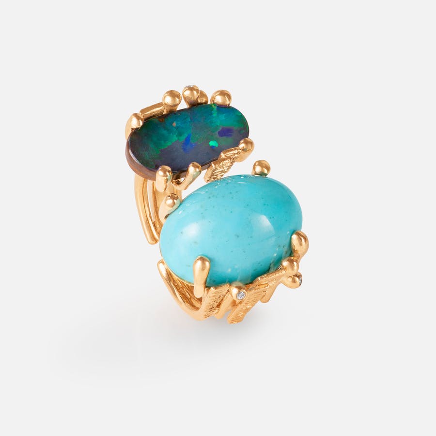 BoHo Ring Double in Gold with Turquoise, Dark Opal, and Diamonds | Ole Lynggaard Copenhagen