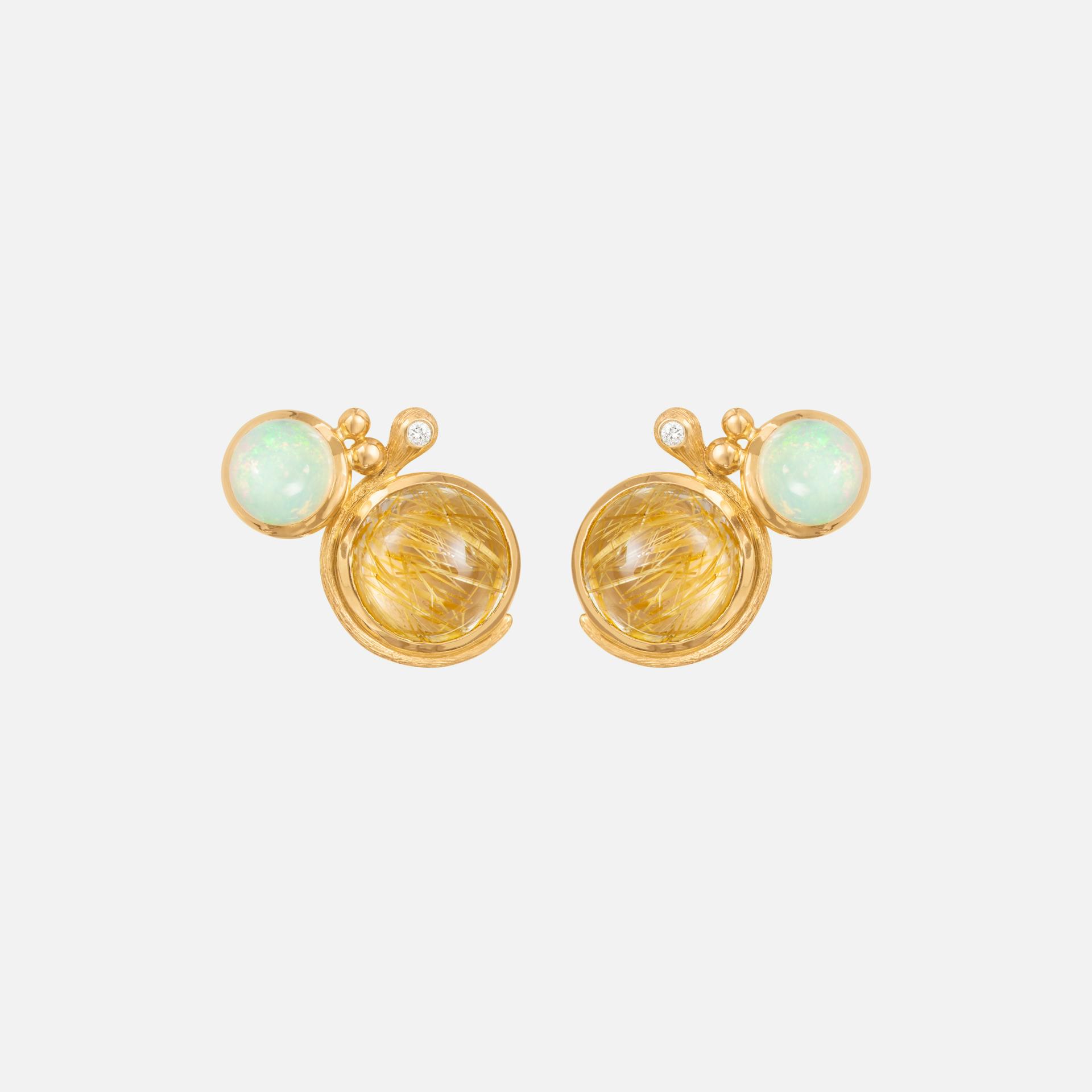 Lotus stud earrings 18k gold with opal and rutile quartz