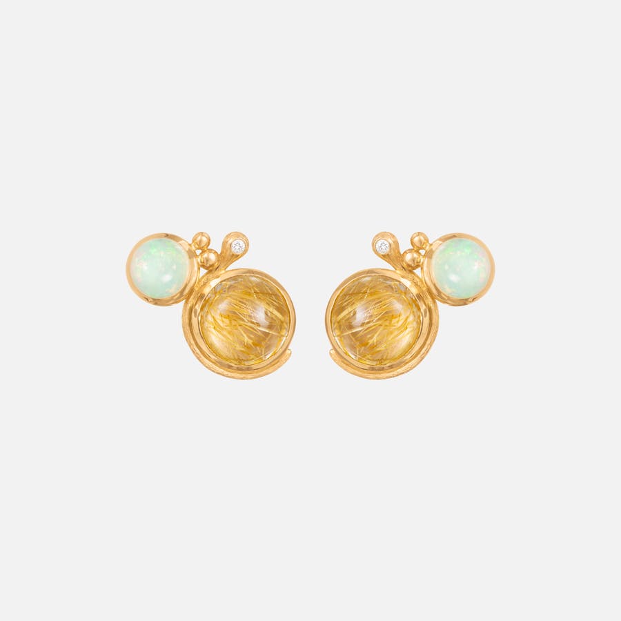 Lotus stud earrings 18k gold with opal and rutile quartz