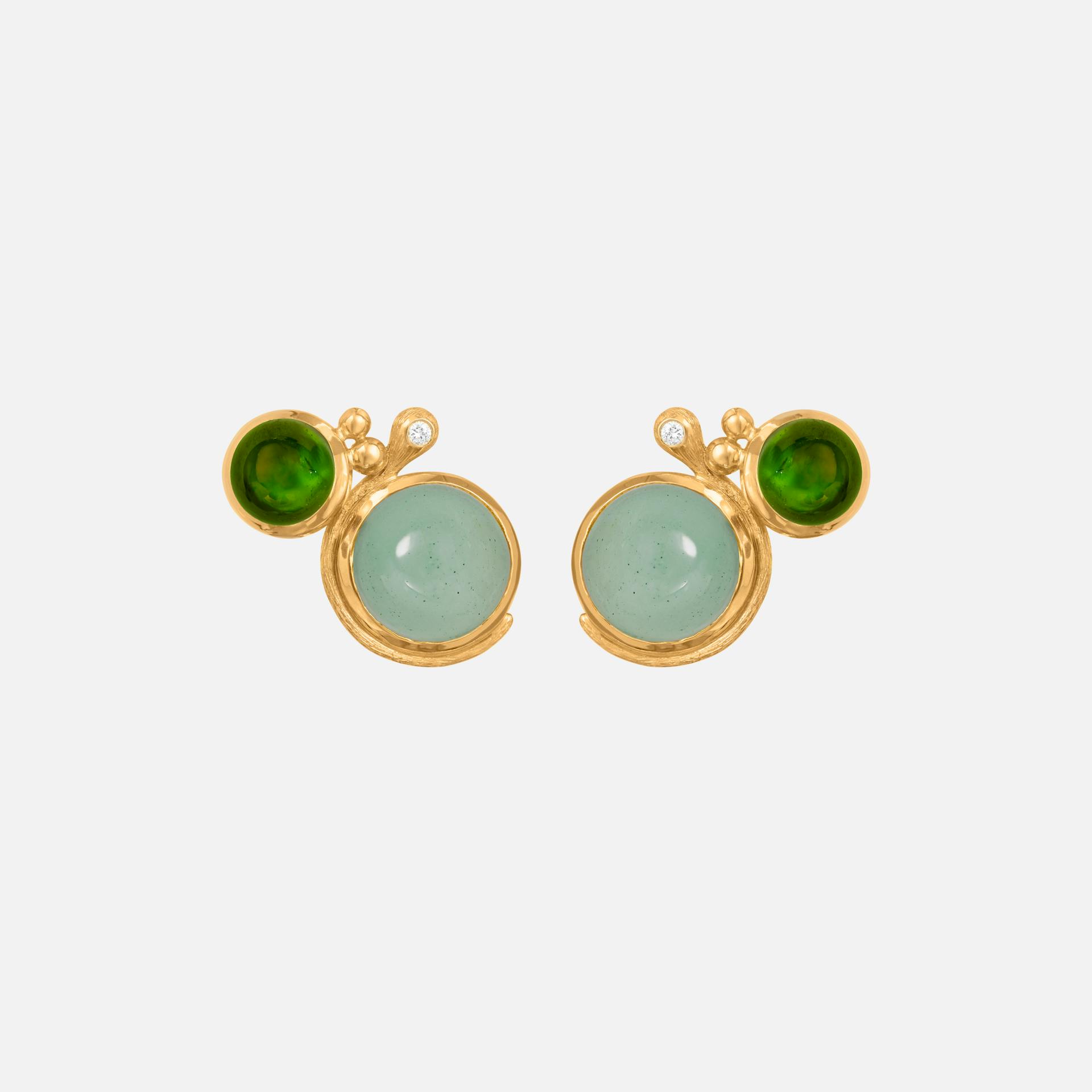 Lotus stud earrings 18k gold with green tourmaline and aquamarine