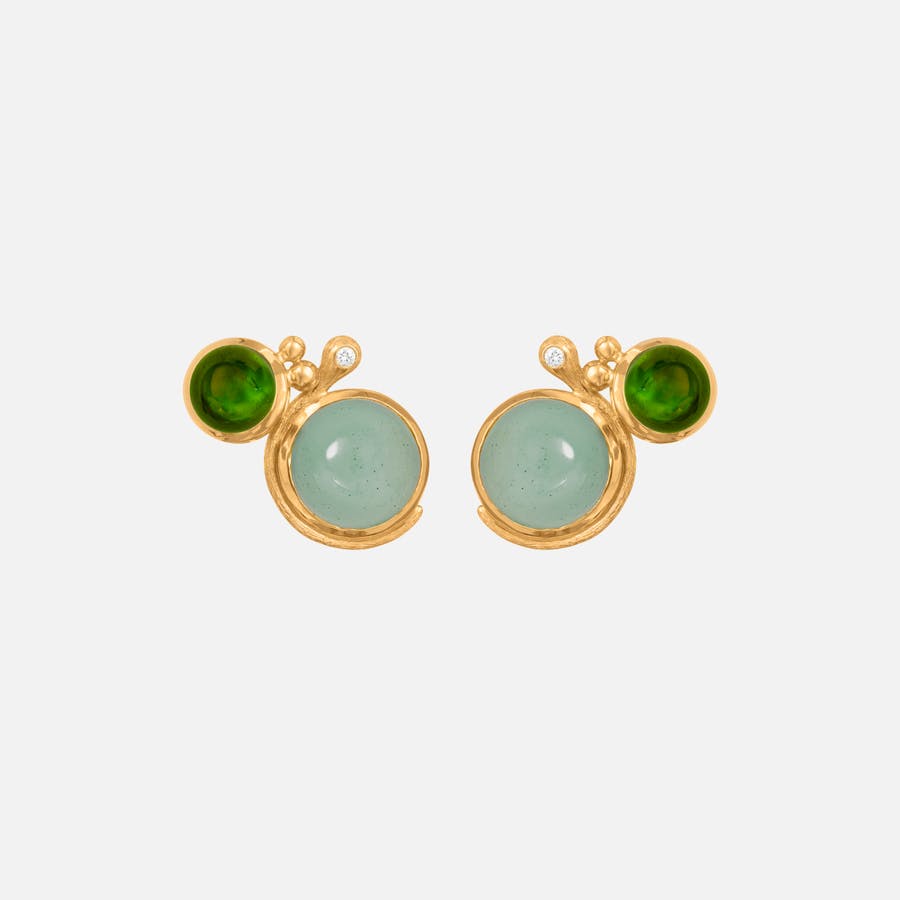 Lotus stud earrings 18k gold with green tourmaline and aquamarine
