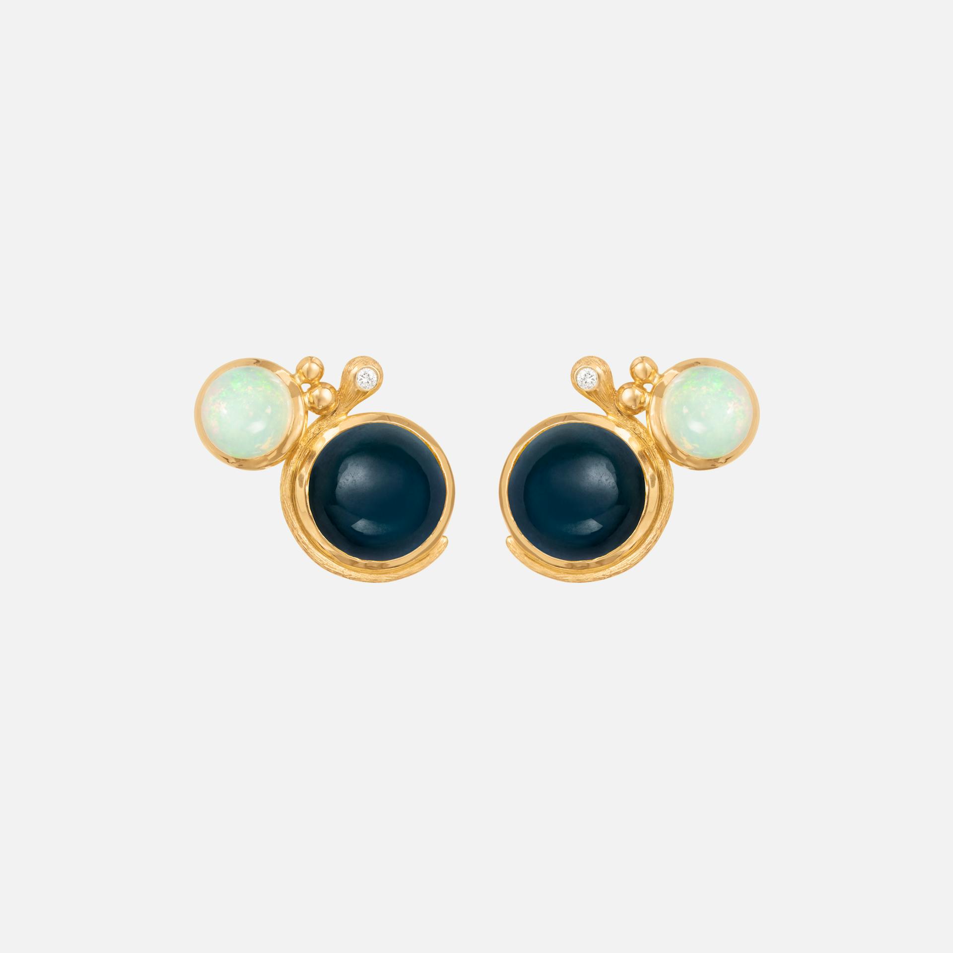 Lotus stud earrings 18k gold with opal and London blue topaz
