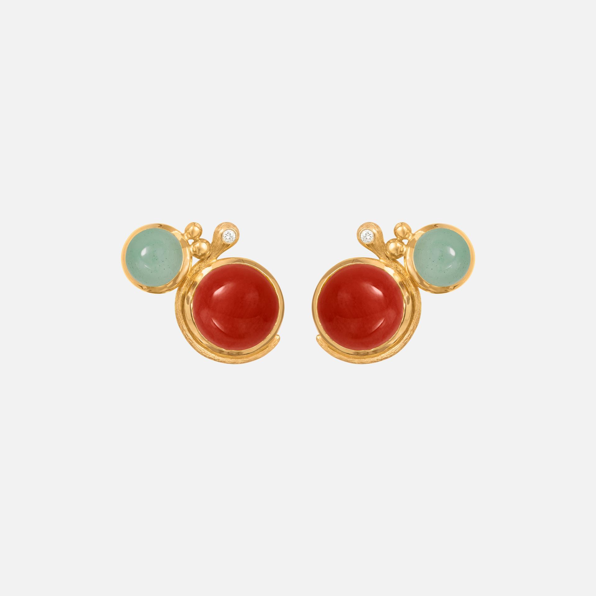 Lotus stud earrings 18k gold with aquamarine and coral