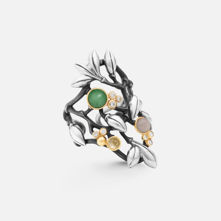 Forest Ring in Sterling Silver and Gold with Diamonds, Serpentine, Moonstone, & Rutile Quartz 