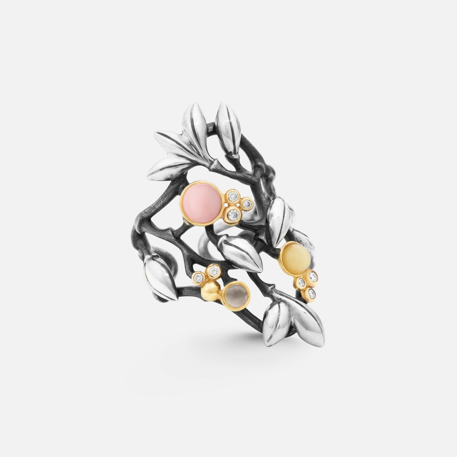 Forest Ring in Sterling Silver and Gold with Diamonds, Rose Opal, Amber, and Grey Moonstone