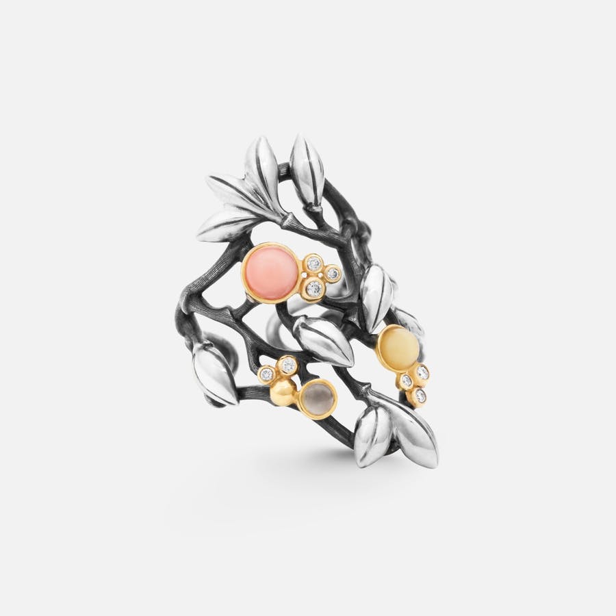 Forest Ring in Sterling Silver and Gold with Diamonds, Rose Coral, Amber, and Grey Moonstone
