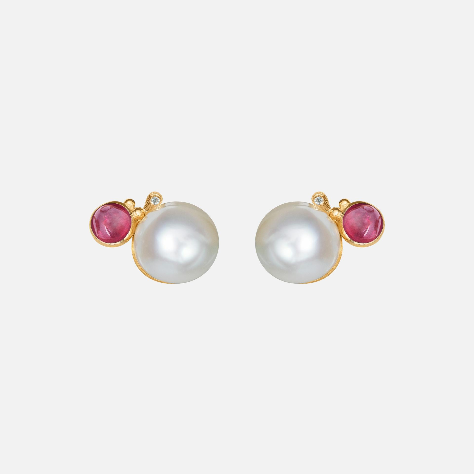 BoHo stud earrings large 18k gold with freshwater pearls, cerise tourmaline and diamonds