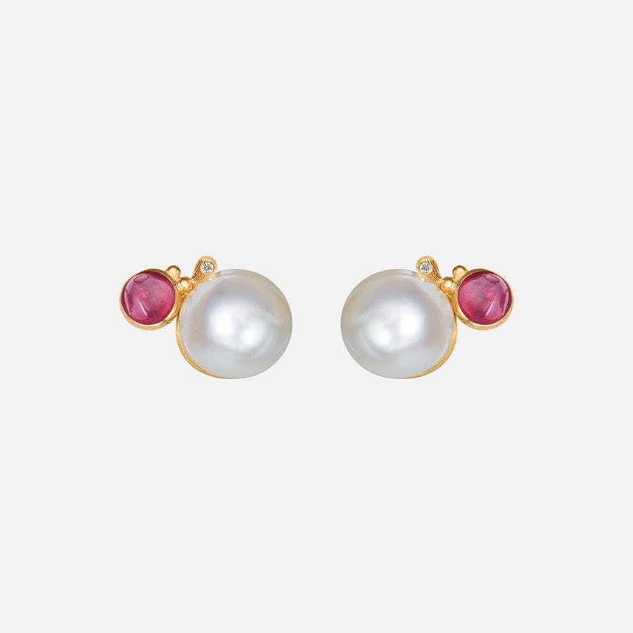 BoHo Pearl Stud Earrings in Gold with Cerise Tourmaline and Diamonds  |  Ole Lynggaard Copenhagen
